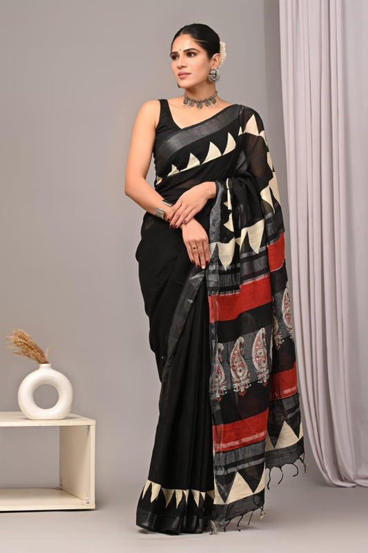 Hand Block Printed Linen Saree With Unstitched Blouse (SWSRLIL24)