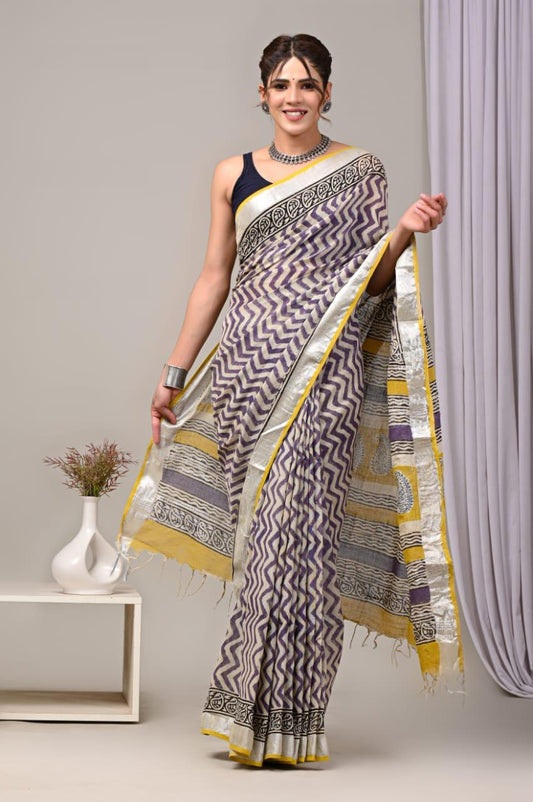 Hand Block Printed Linen Saree With Unstitched Blouse (SWSRLIL25)