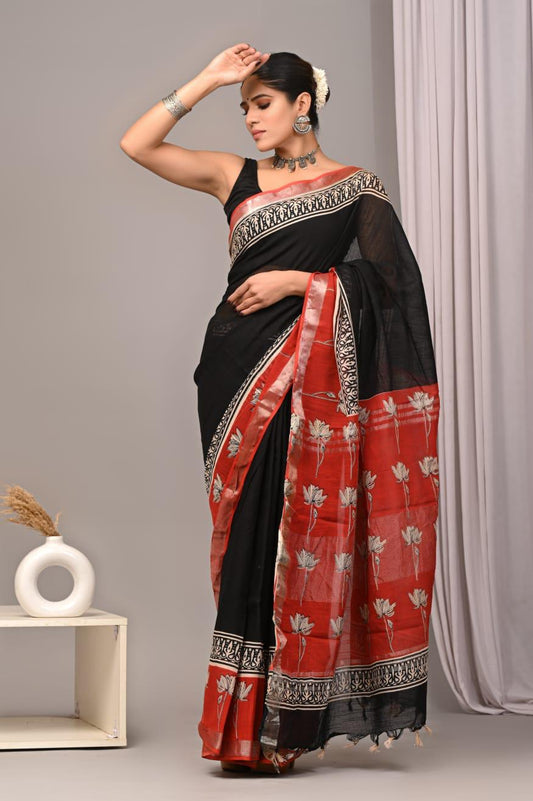 Hand Block Printed Linen Saree With Unstitched Blouse (SWSRLIL28)