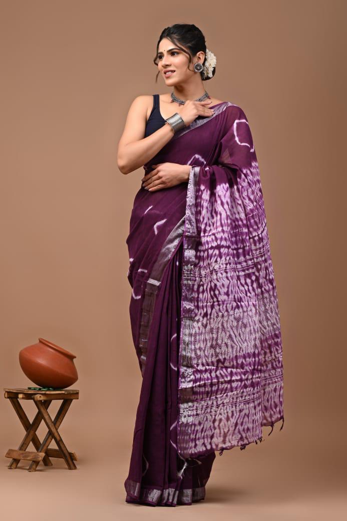 Hand Block Printed Linen Saree With Unstitched Blouse (SWSRLIL29)