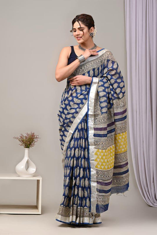 Hand Block Printed Linen Saree With Unstitched Blouse (SWSRLIL30)