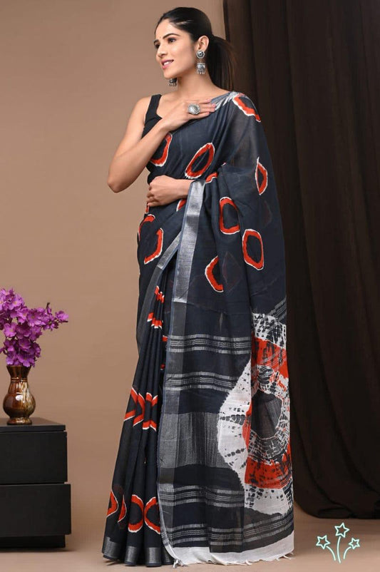 Hand Block Printed Linen Saree With Unstitched Blouse (SWSRLIL31)