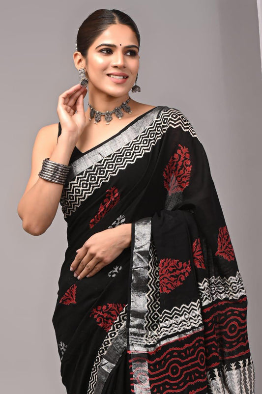 Hand Block Printed Linen Saree With Unstitched Blouse (SWSRLIL01)