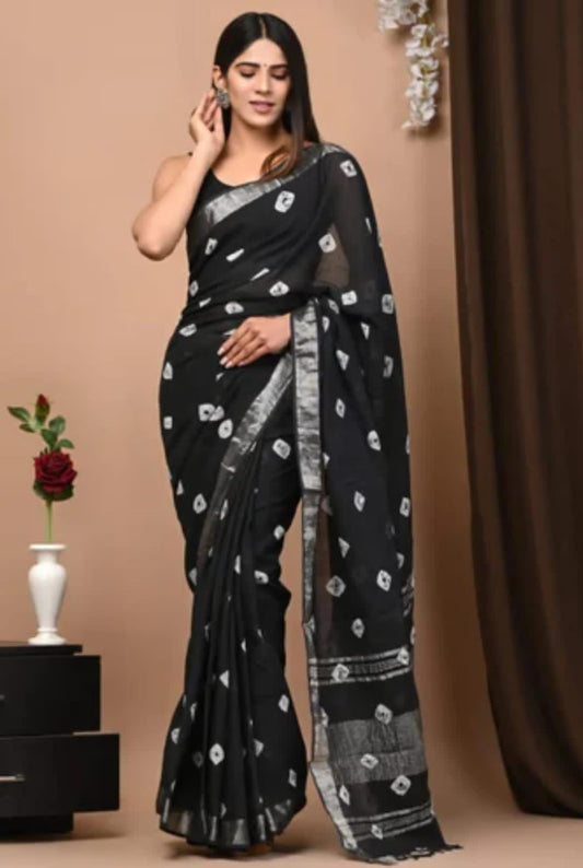 Hand Block Printed Linen Saree With Unstitched Blouse (SWSRLIL32)