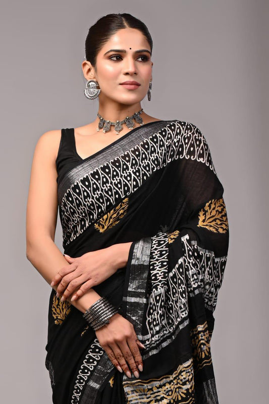 Hand Block Printed Linen Saree With Unstitched Blouse (SWSRLIL01)