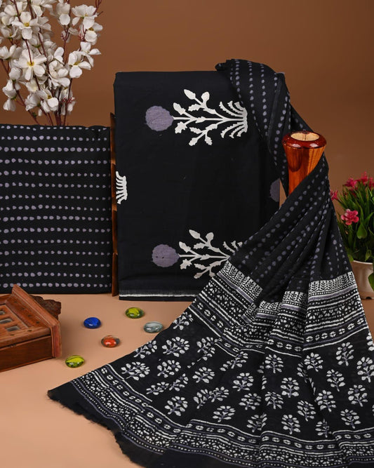 ELEGANT HAND BLOCK PRINT COTTON SUIT SET WITH MULMUL DUPATTA
