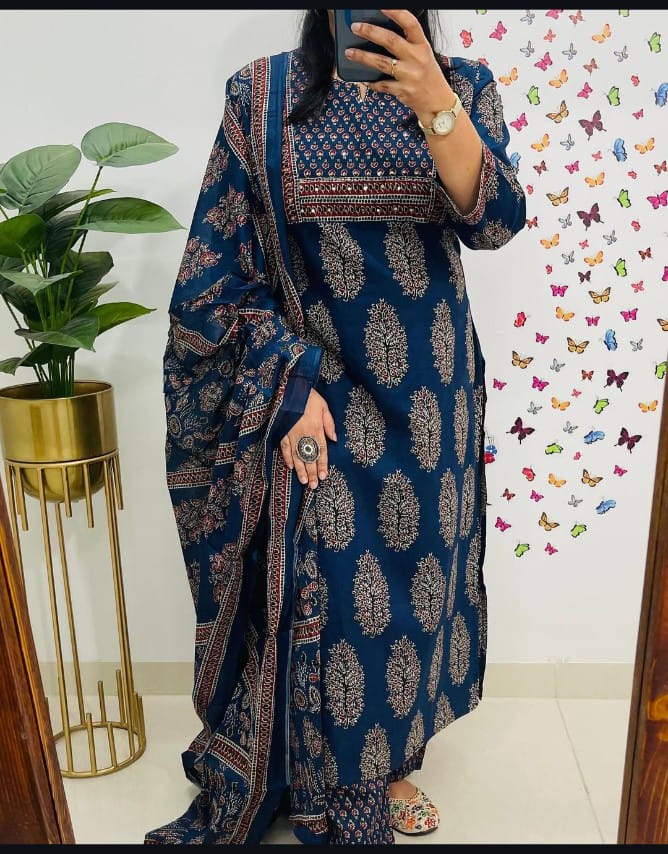 🌹🌹Pure fine Cotton fabric  Kurti with Pant with cotton 100-100 Dupatta🌹🌹Nack Hand work(WARED426)
