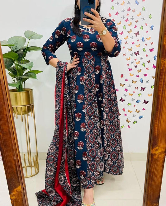 Launching beautiful ajrak print anarkali.. this pure cotton attire is worth buying to feel comfortable this summer...