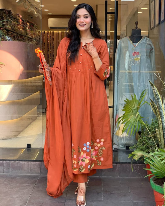 cotton pant with emb full malmal cotton dupatta with crosiya lace.(WARED430)