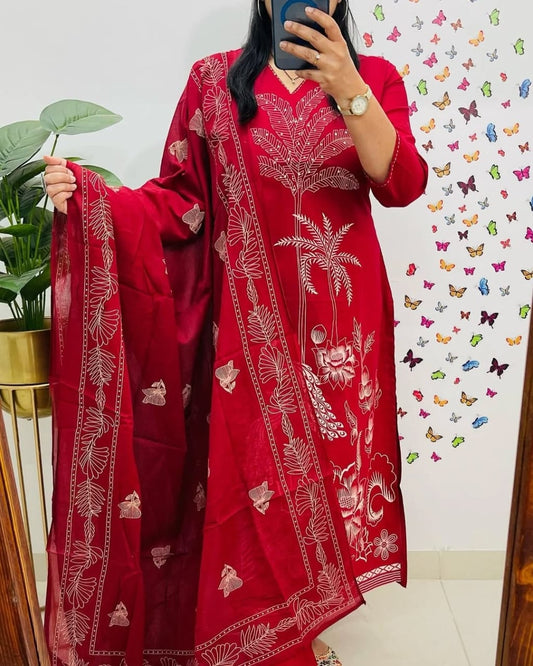 🌹🌹Pure fine Cotton fabric &nbsp; Kurti with Pant with cotton 100-100 Dupatta🌹🌹(WARED434)