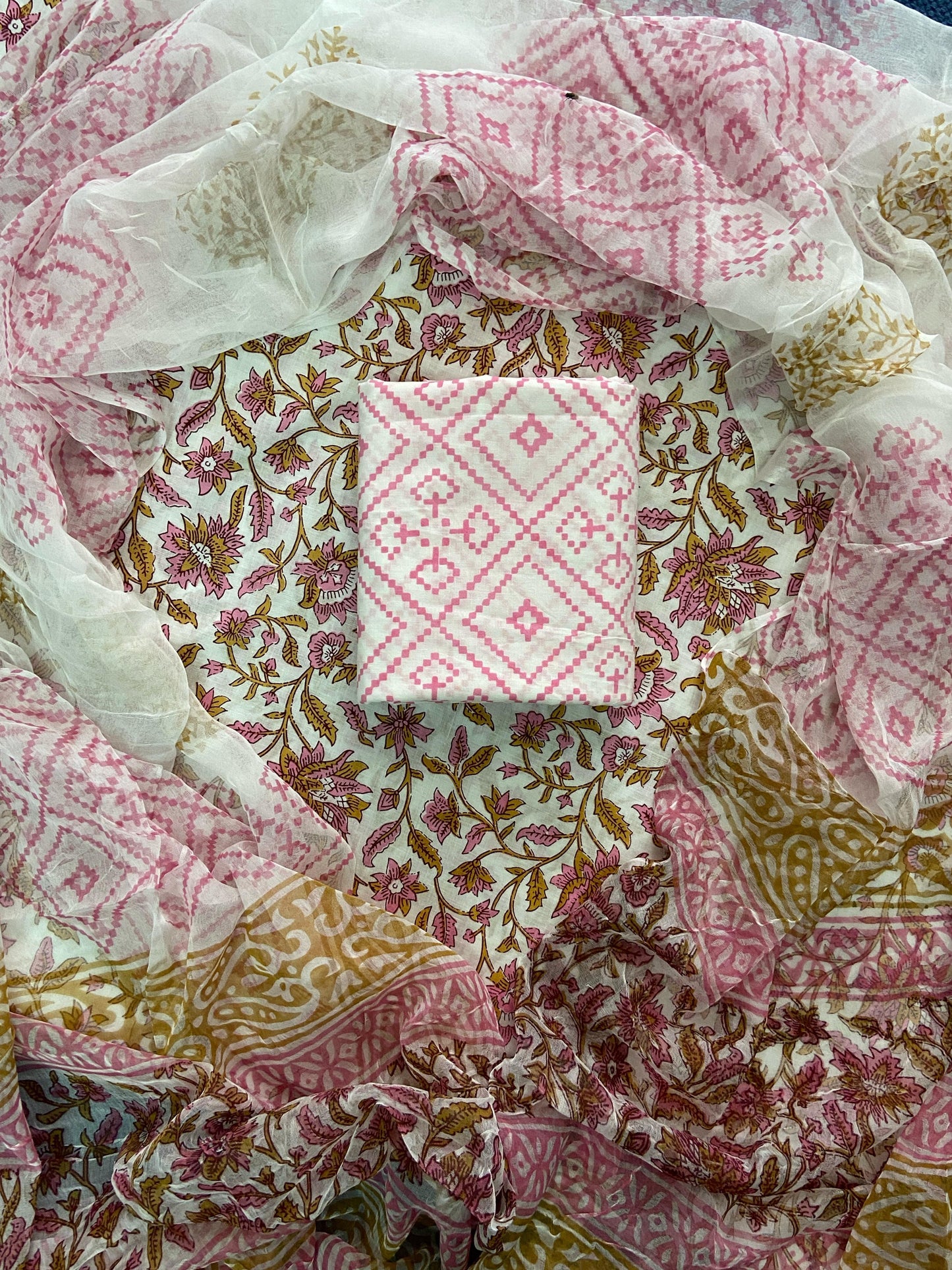 Premium Hand Block Print Cotton Suit Set with Chiffon Dupatta(WACFCOTMU74)