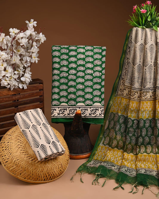DESIGNER HAND BLOCK PRINT COTTON SUIT SET WITH KOTA DORIA DUPATTA (WAKOTMU16)