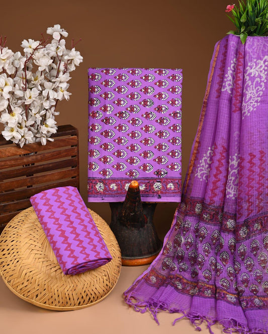 DESIGNER HAND BLOCK PRINT COTTON SUIT SET WITH KOTA DORIA DUPATTA (WAKOTMU13)
