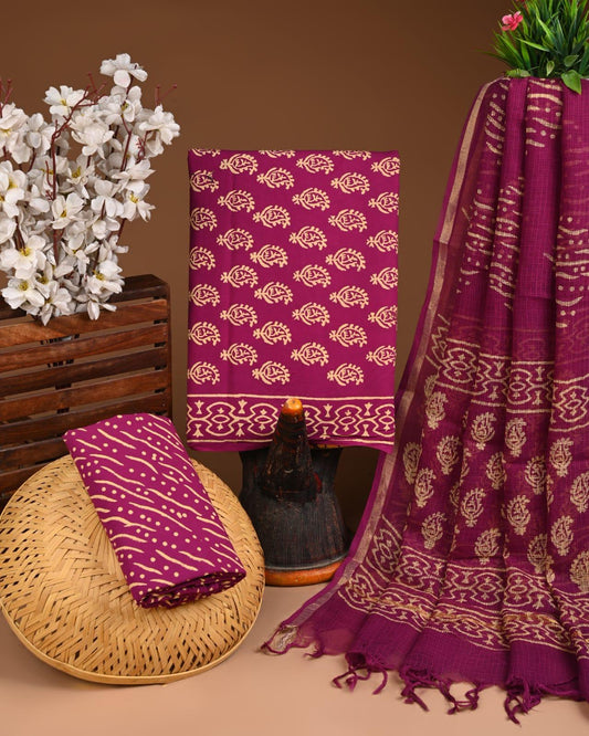 DESIGNER HAND BLOCK PRINT COTTON SUIT SET WITH KOTA DORIA DUPATTA  (WAKOTMU12)