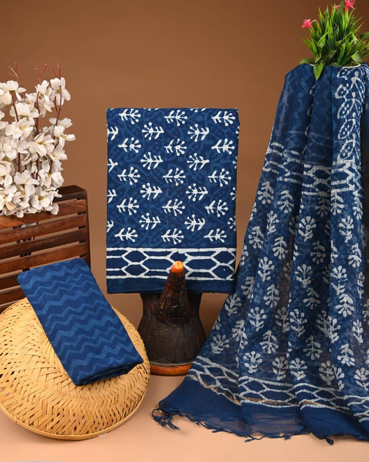 DESIGNER HAND BLOCK PRINT COTTON SUIT SET WITH KOTA DORIA DUPATTA (WAKOTMU11)