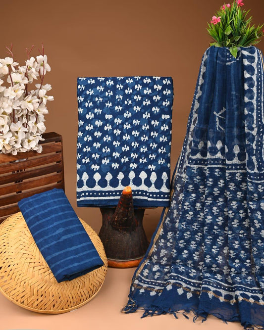 DESIGNER HAND BLOCK PRINT COTTON SUIT SET WITH KOTA DORIA DUPATTA(WAKOTMU09)