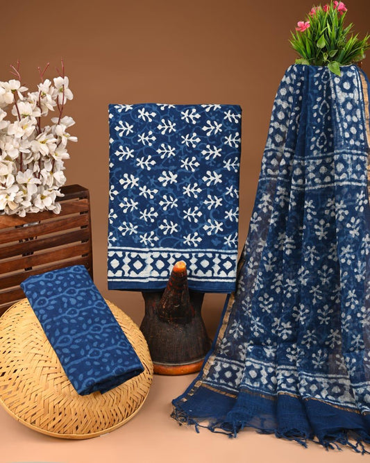 DESIGNER HAND BLOCK PRINT COTTON SUIT SET WITH KOTA DORIA DUPATTA (WAKOTMU05)