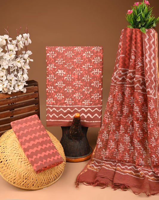 DESIGNER HAND BLOCK PRINT COTTON SUIT SET WITH KOTA DORIA DUPATTA(WAKOTMU04)