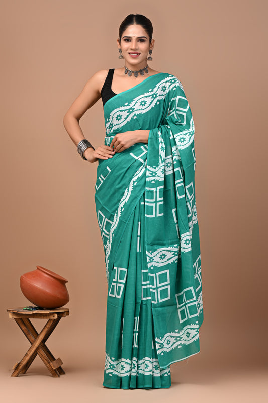 Premium Hand Block Printed Pure Cotton Saree 04