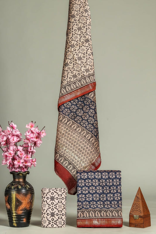 Designer Hand Block Print Maheshwari Silk Suit Set 15