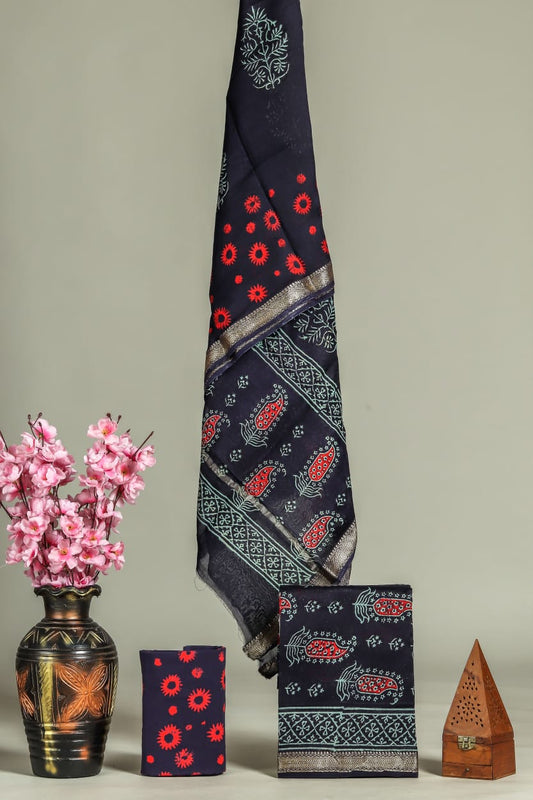 Designer Hand Block Print Maheshwari Silk Suit Set 14