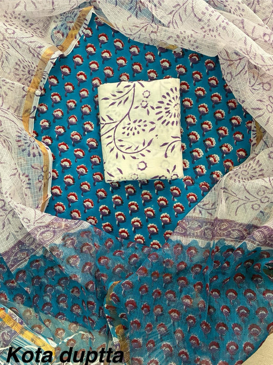 DESIGNER HAND BLOCK PRINT COTTON SUIT SET WITH KOTA DORIA DUPATTA (WAKOTMU11)
