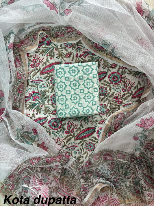 DESIGNER HAND BLOCK PRINT COTTON SUIT SET WITH KOTA DORIA DUPATTA(WAKOTMU07)