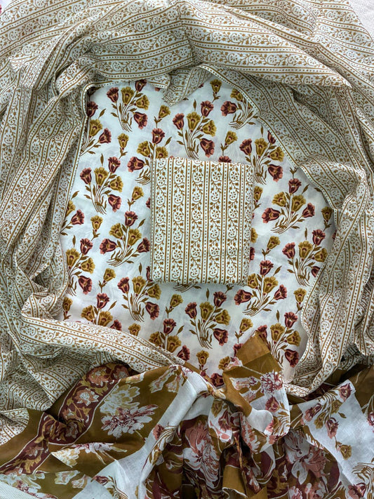 ELEGANT HAND BLOCK PRINT COTTON SUIT SET WITH MULMUL DUPATTA(WACOTMU06)