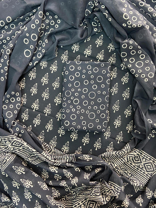 ELEGANT HAND BLOCK PRINT COTTON SUIT SET WITH MULMUL DUPATTA(WACOTMU05)