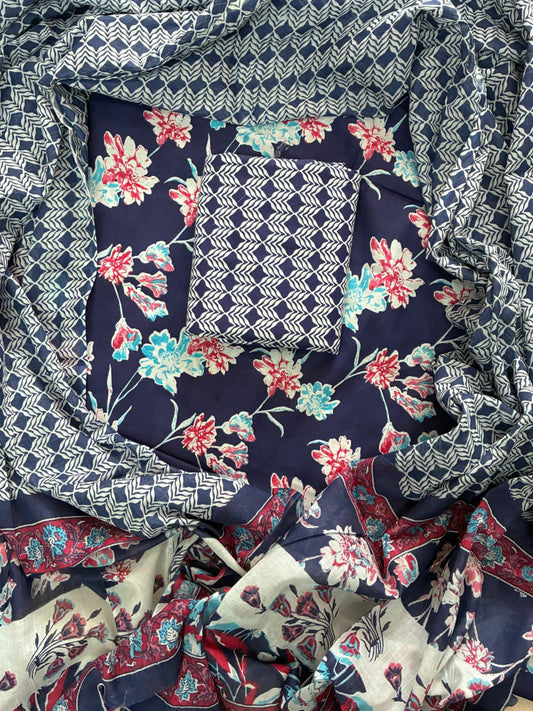 ELEGANT HAND BLOCK PRINT COTTON SUIT SET WITH MULMUL DUPATTA(WACOTMU01)