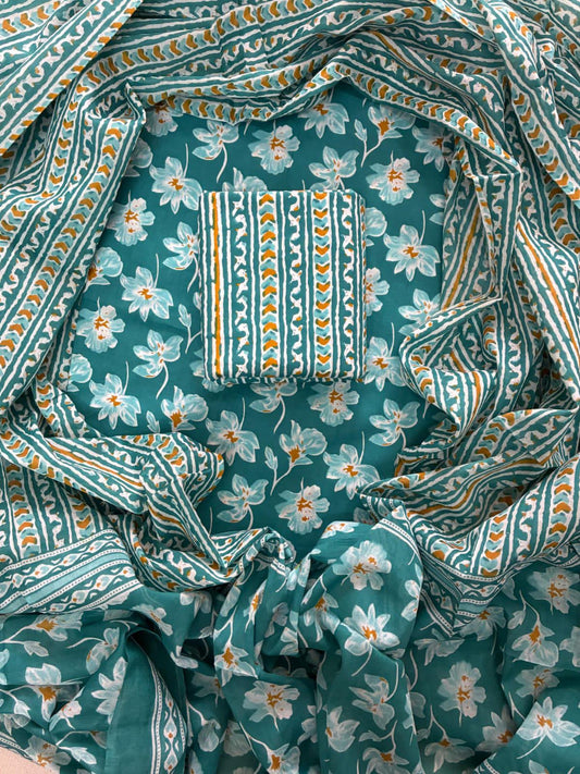 ELEGANT HAND BLOCK PRINT COTTON SUIT SET WITH MULMUL DUPATTA(WACOTMU16)