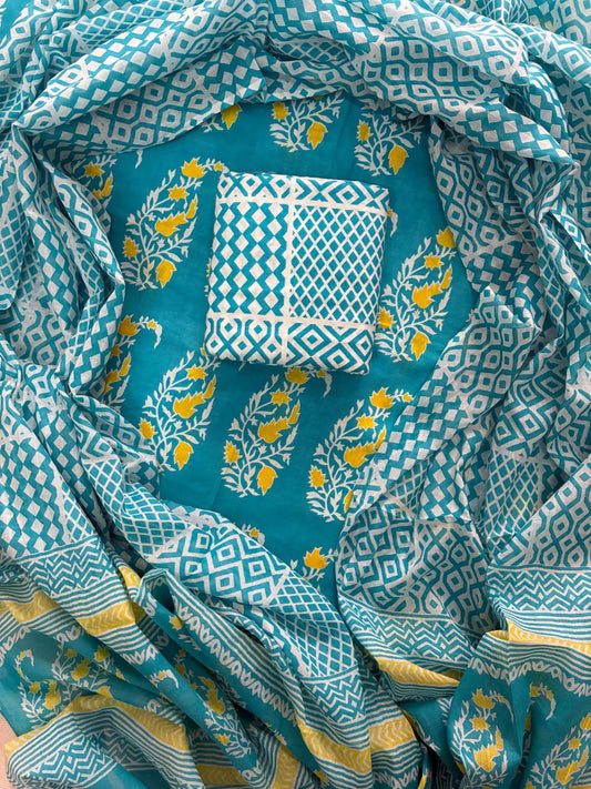ELEGANT HAND BLOCK PRINT COTTON SUIT SET WITH MULMUL DUPATTA(WACOTMU15)