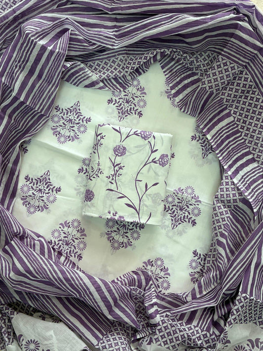ELEGANT HAND BLOCK PRINT COTTON SUIT SET WITH MULMUL DUPATTA(WACOTMU10)