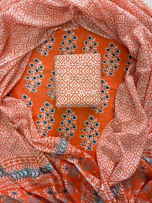 ELEGANT HAND BLOCK PRINT COTTON SUIT SET WITH MULMUL DUPATTA(WACOTMU09)