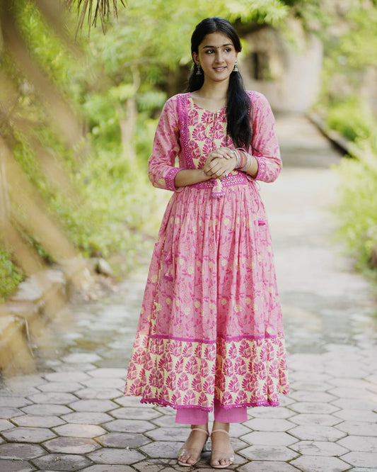 Beautiful Heavy quality cotton Fabric designer festive wear frock style kurti with pattern pant with mirror work(WARED465)