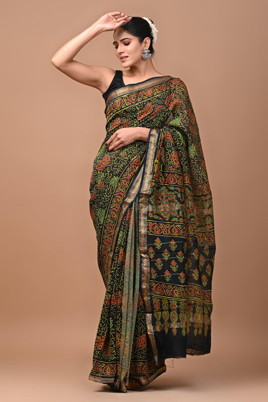 Exclusive Hand Block Printed Maheshwari Silk Saree (SWSRMAH01)