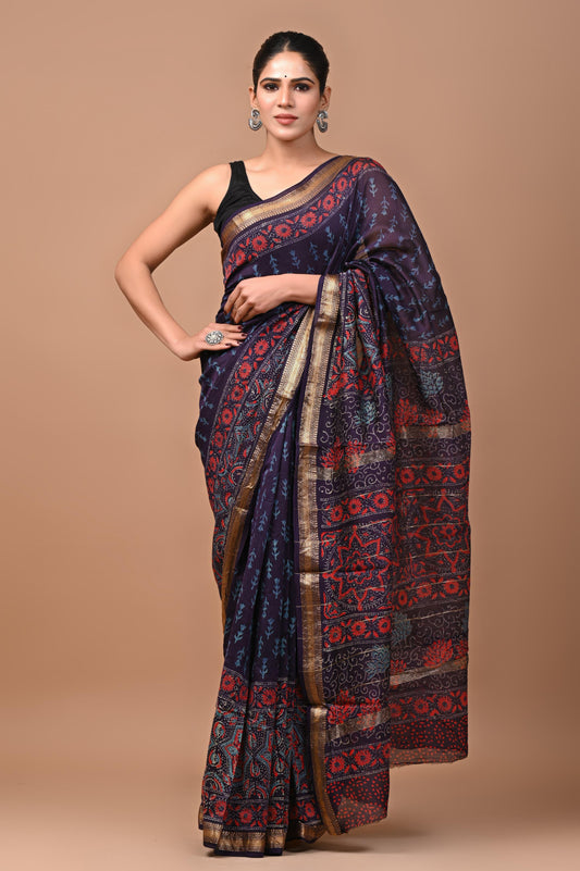 Exclusive Hand Block Printed Maheshwari Silk Saree (SWSRMAH02)
