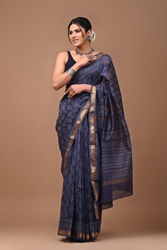 Exclusive Hand Block Printed Maheshwari Silk Saree (SWSRMAH03)