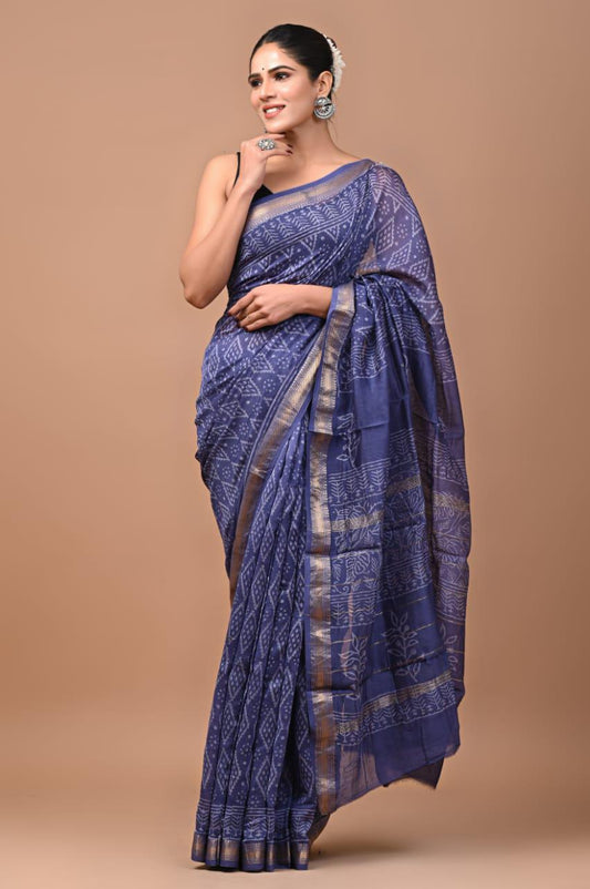 Exclusive Hand Block Printed Maheshwari Silk Saree (SWSRMAH04)