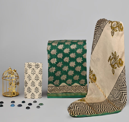 EXCLUSIVE ELEGANT HAND BLOCK PRINT CHANDERI SILK SUIT SET 43