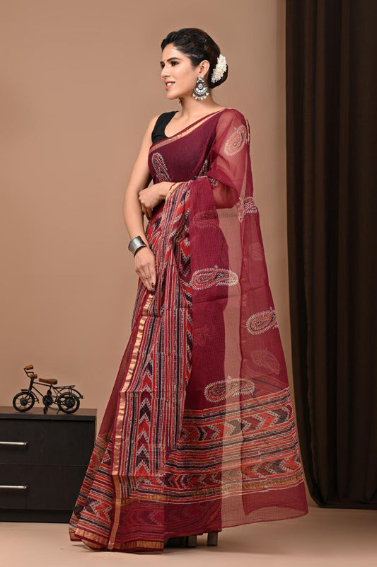 Exclusive hand Block Printed Kota Doria Saree (SWSRKO52)