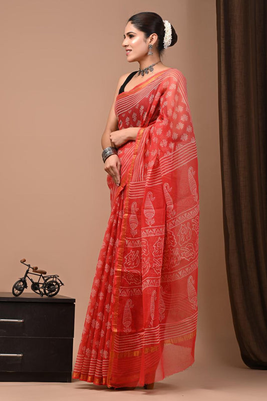 Exclusive hand Block Printed Kota Doria Saree (SWSRKO49)