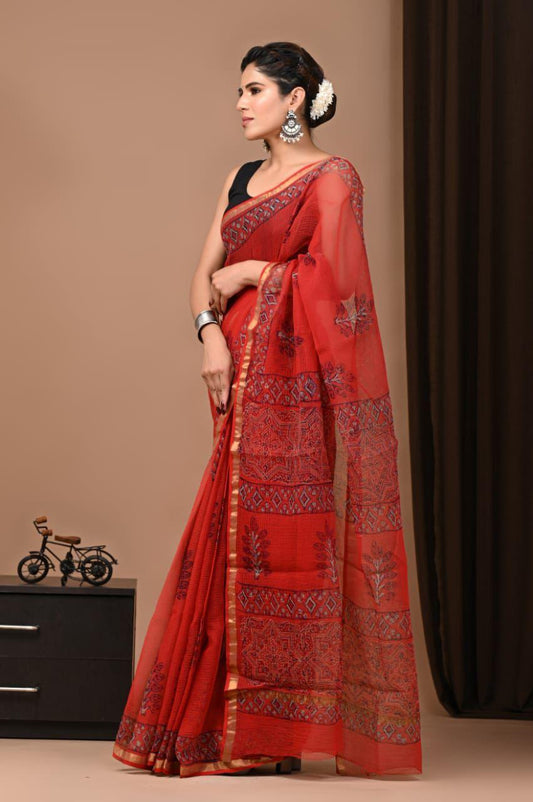 Exclusive hand Block Printed Kota Doria Saree (SWSRKO42)