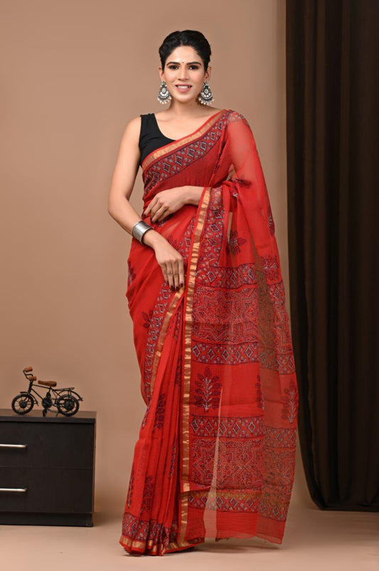Exclusive hand Block Printed Kota Doria Saree (SWSRKO33)