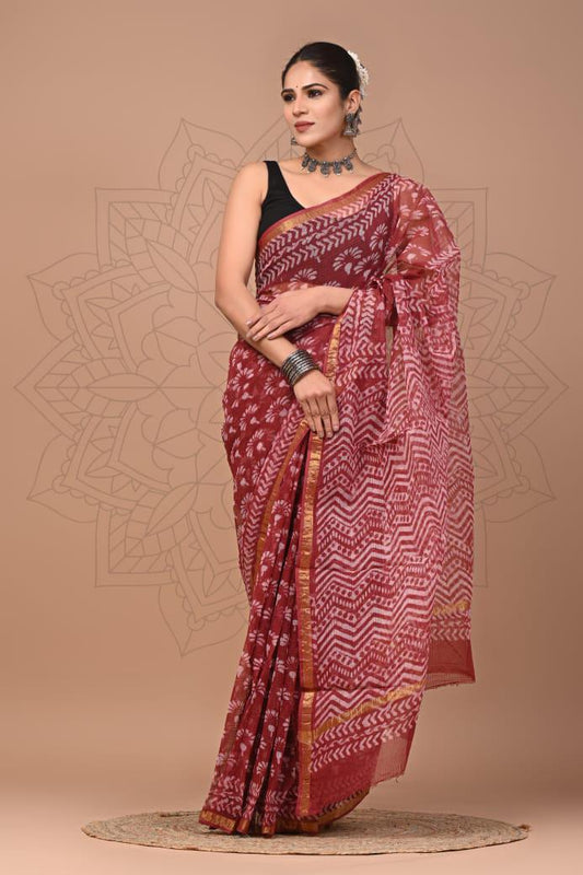 Exclusive hand Block Printed Kota Doria Saree (SWSRKO28)