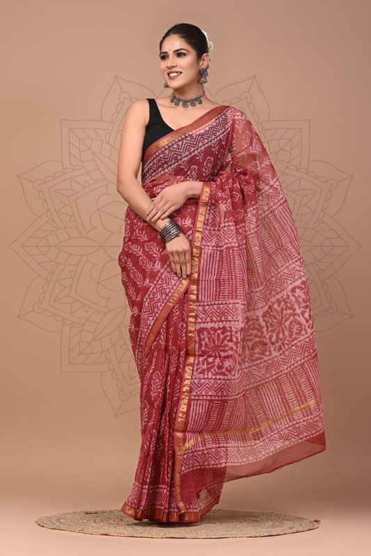 Exclusive hand Block Printed Kota Doria Saree (SWSRKO12)