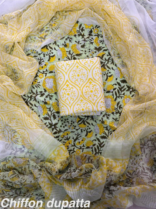 JAAL HAND BLOCK PRINT COTTON SUIT SET WITH CHIFFON DUPATTA(WACFCOTMU04)