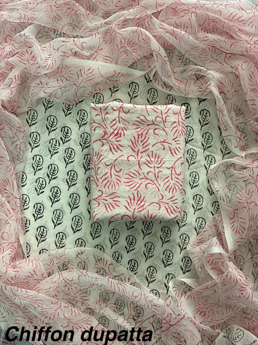JAAL HAND BLOCK PRINT COTTON SUIT SET WITH CHIFFON DUPATTA(WACFCOTMU06)