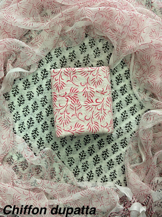 JAAL HAND BLOCK PRINT COTTON SUIT SET WITH CHIFFON DUPATTA(WACFCOTMU07)