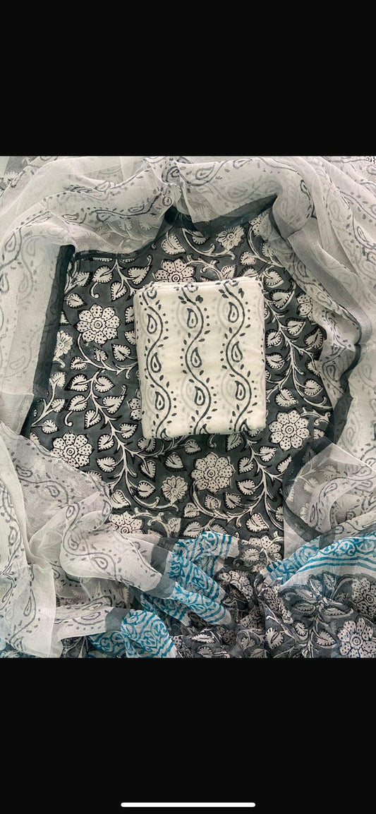 New Premium Hand Block Print Cotton Suit Set with Chiffon Dupatta(WACFCOTMU10)
